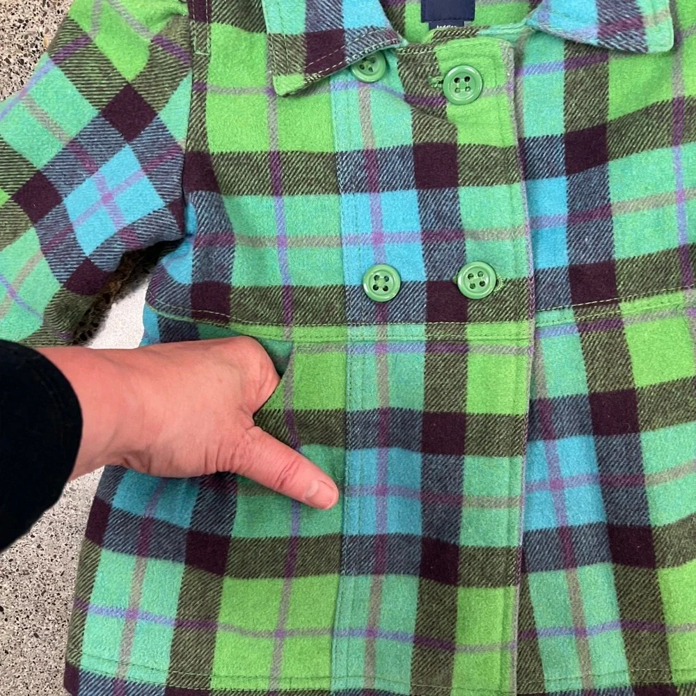 babyGap Toddler Girls Green Blue‎ Plaid Wool Blend Double Breasted Pea Coat 4Y